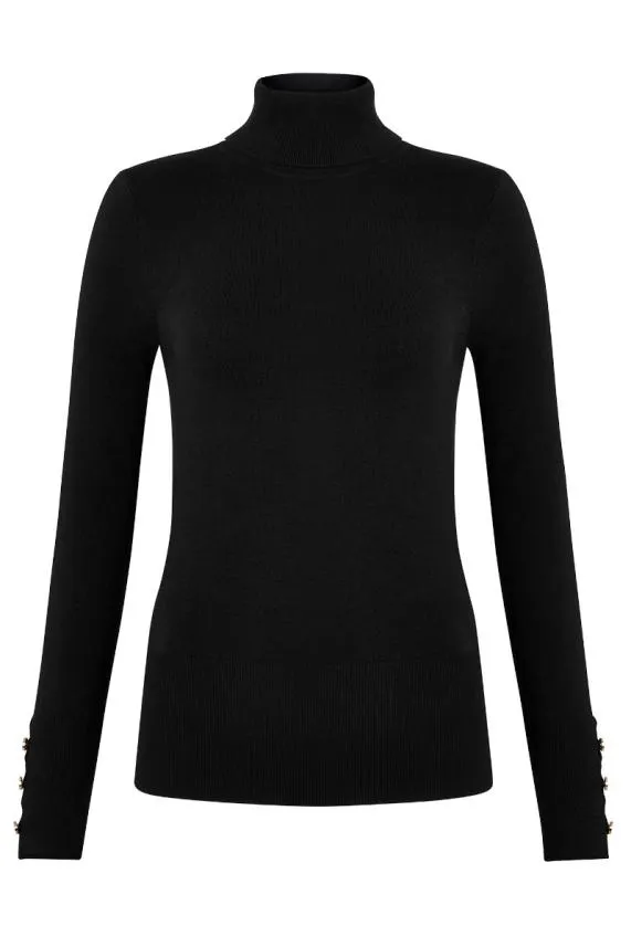 Sosandar Black Button Sleeve Detail Polo Neck Jumper Black Women Knitwear