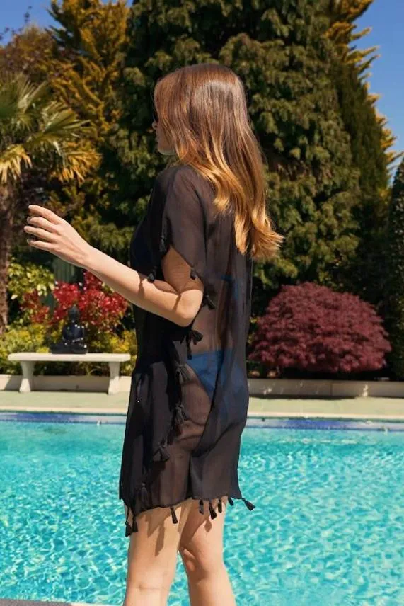 Sosandar Black Chic Tassel Trim Kaftan Black Women Swim and Beachwear
