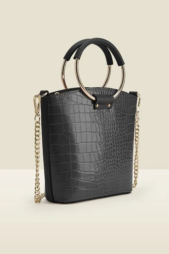 Sosandar Black Croc Faux Leather Bag With Gold Ring Detail Black Women Bags and Belts