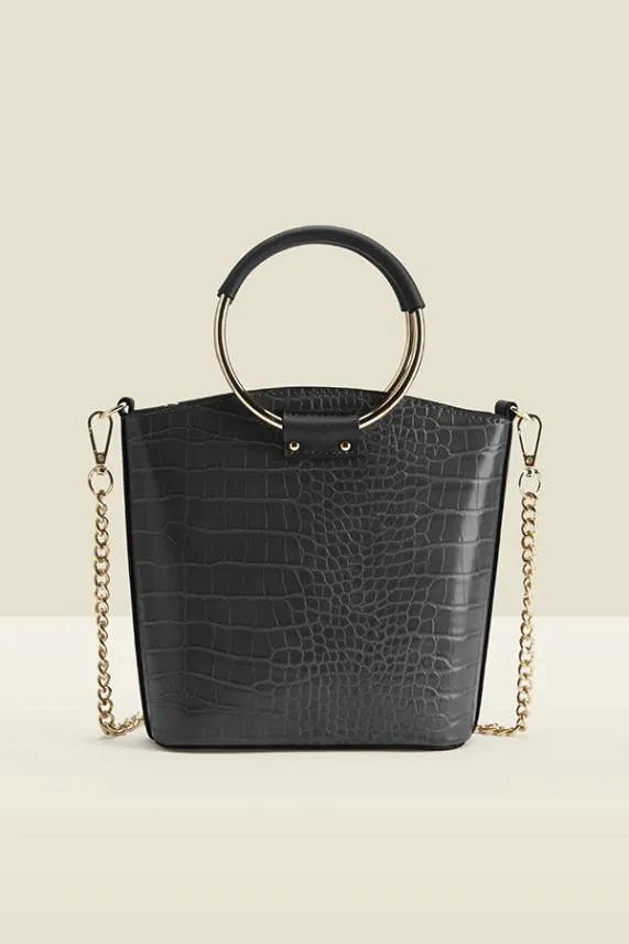 Sosandar Black Croc Faux Leather Bag With Gold Ring Detail Black Women Bags and Belts