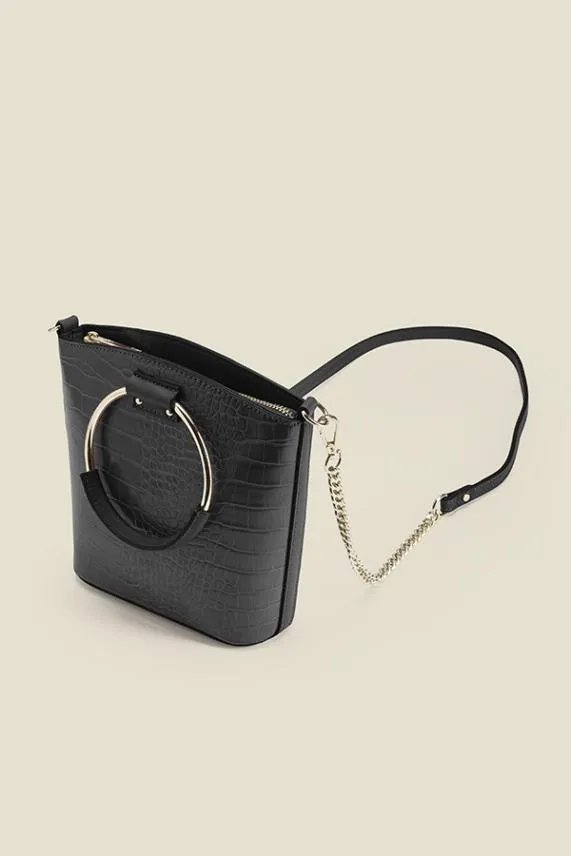 Sosandar Black Croc Faux Leather Bag With Gold Ring Detail Black Women Bags and Belts