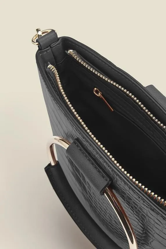 Sosandar Black Croc Faux Leather Bag With Gold Ring Detail Black Women Bags and Belts