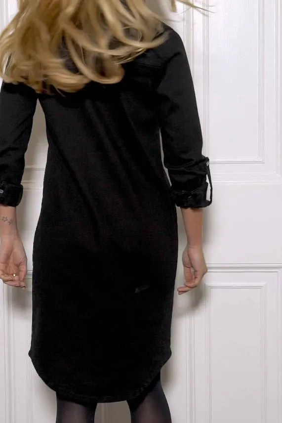 Sosandar Black Denim Popper Front Relaxed Fit Shirt Dress Black Women Dresses