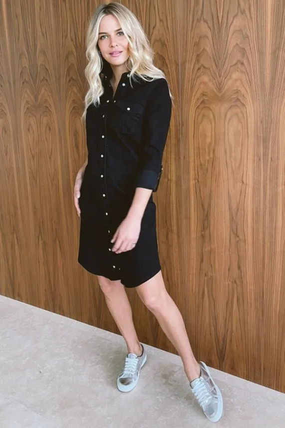Sosandar Black Denim Popper Front Relaxed Fit Shirt Dress Black Women Dresses