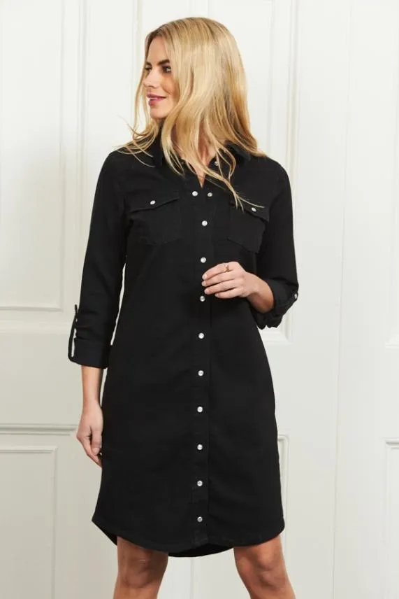 Sosandar Black Denim Popper Front Relaxed Fit Shirt Dress Black Women Dresses