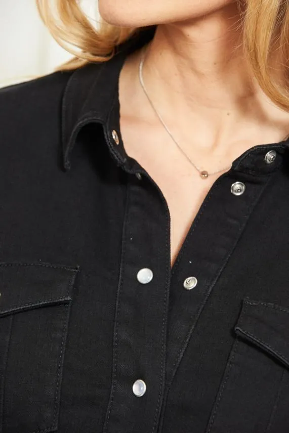 Sosandar Black Denim Popper Front Relaxed Fit Shirt Dress Black Women Dresses