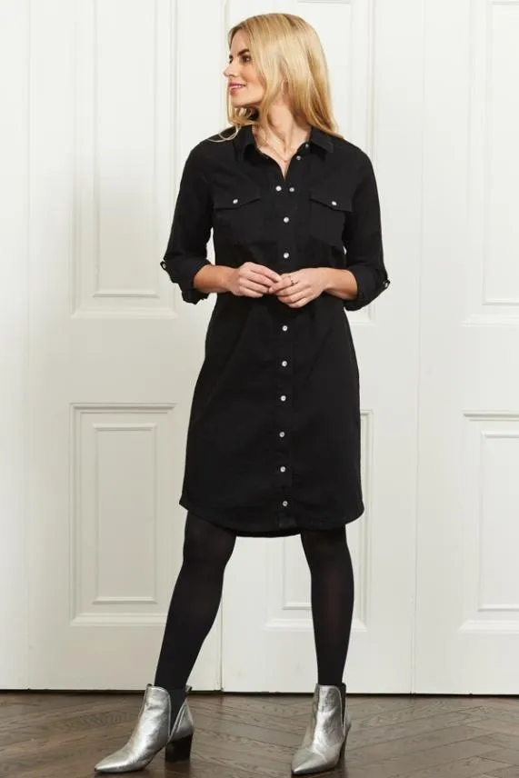 Sosandar Black Denim Popper Front Relaxed Fit Shirt Dress Black Women Dresses