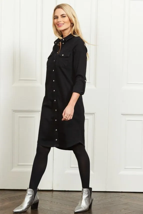 Sosandar Black Denim Popper Front Relaxed Fit Shirt Dress Black Women Dresses