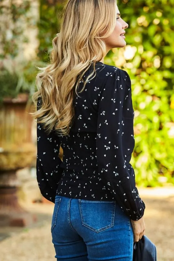 Sosandar Black Ditsy Floral Print Ruched Front Top Black Women Tops