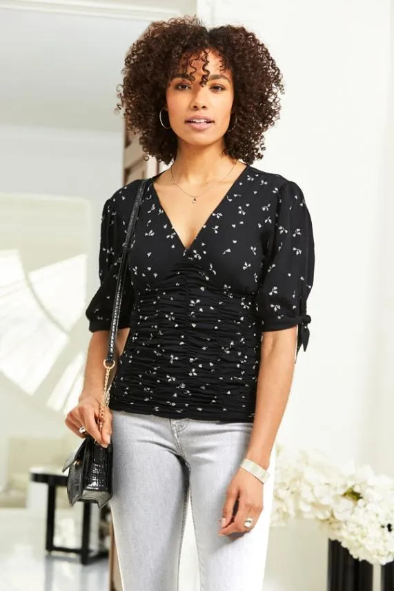 Sosandar Black Ditsy Print Ruched Front Tie Sleeve Top Black Women Tops