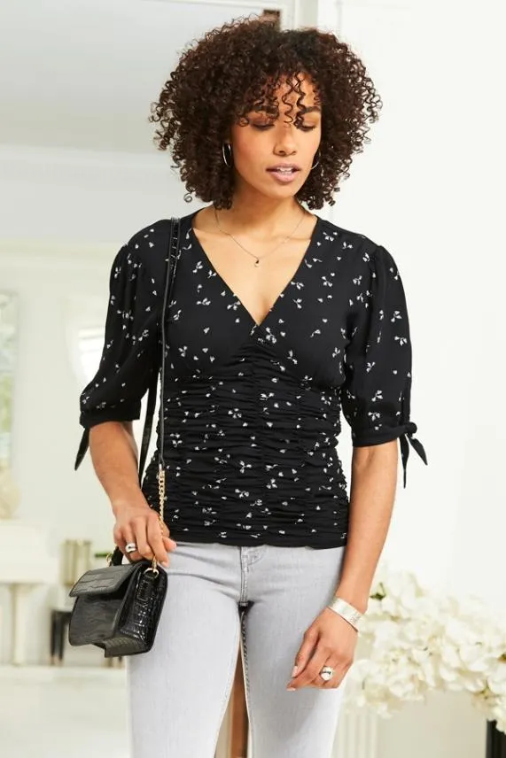 Sosandar Black Ditsy Print Ruched Front Tie Sleeve Top Black Women Tops