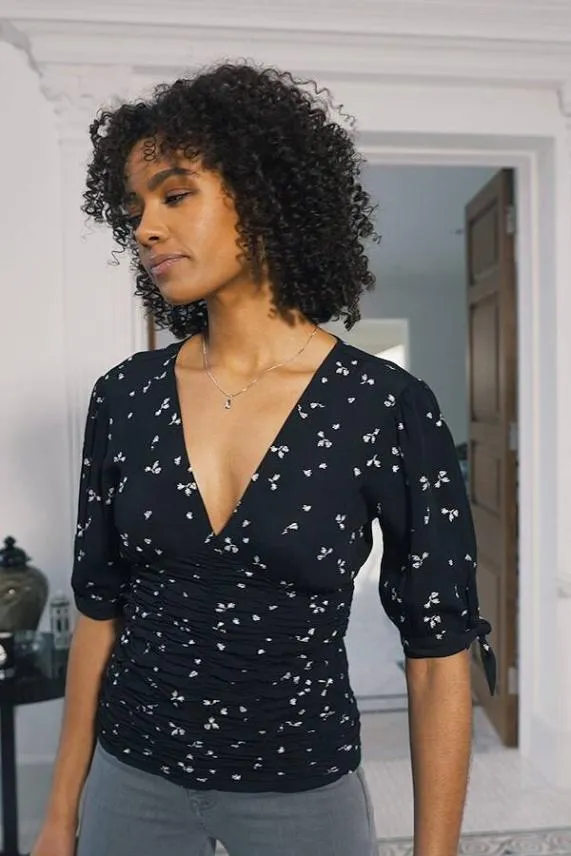 Sosandar Black Ditsy Print Ruched Front Tie Sleeve Top Black Women Tops