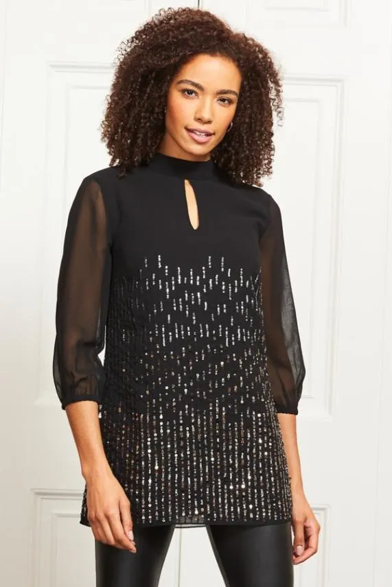 Sosandar Black Embellished Keyhole Detailed Tunic Top Black Women Tops
