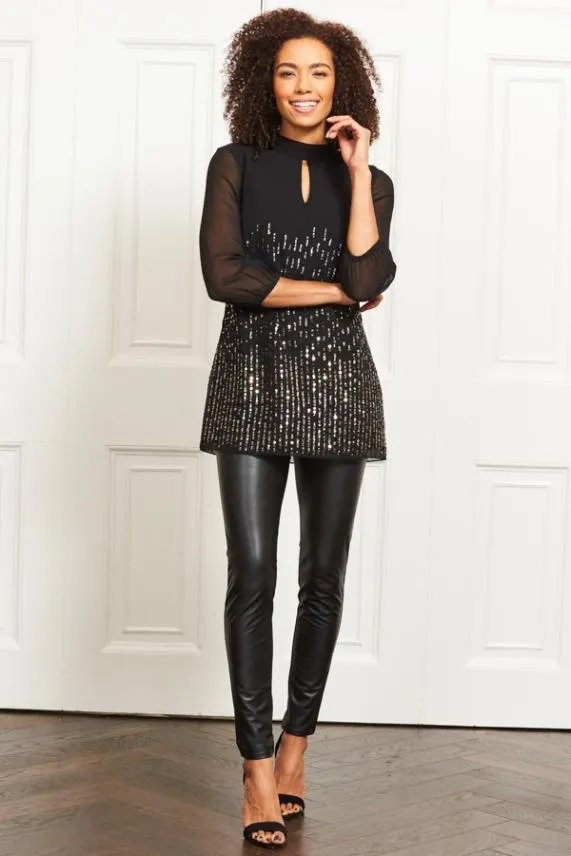 Sosandar Black Embellished Keyhole Detailed Tunic Top Black Women Tops