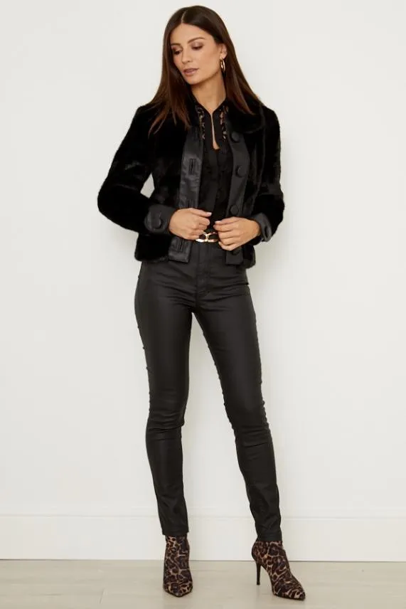 Sosandar Black Faux Fur and Leather Look Button Detail Jacket Black Women Jackets and Coats