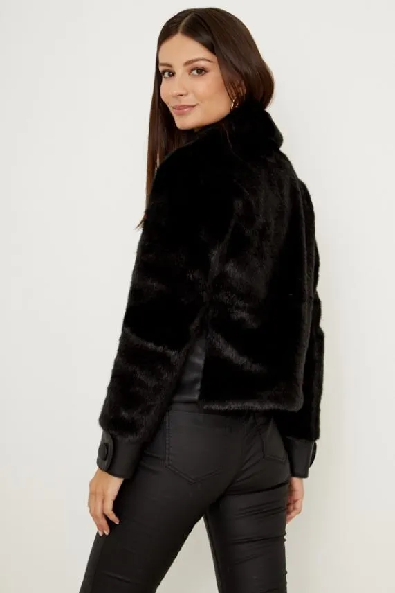 Sosandar Black Faux Fur and Leather Look Button Detail Jacket Black Women Jackets and Coats