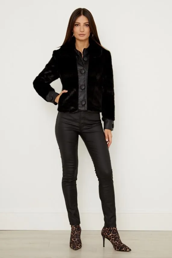 Sosandar Black Faux Fur and Leather Look Button Detail Jacket Black Women Jackets and Coats