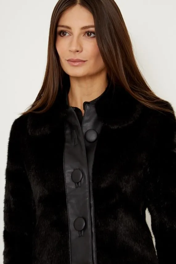 Sosandar Black Faux Fur and Leather Look Button Detail Jacket Black Women Jackets and Coats