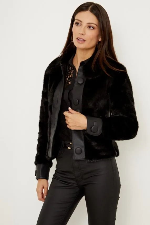 Sosandar Black Faux Fur and Leather Look Button Detail Jacket Black Women Jackets and Coats
