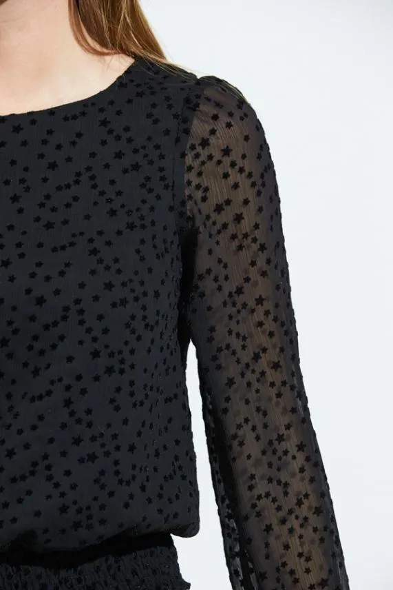 Sosandar Black Flock Spot Detail Shirred Waist Mesh Top Black Women Tops