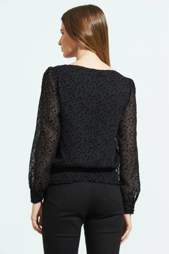 Sosandar Black Flock Spot Detail Shirred Waist Mesh Top Black Women Tops