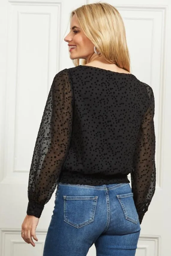 Sosandar Black Flock Spot Detail Shirred Waist Mesh Top Black Women Tops