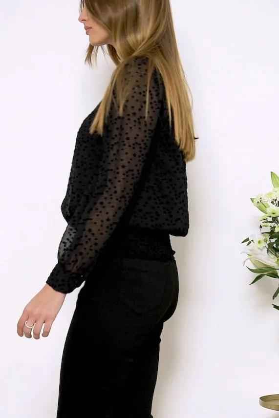 Sosandar Black Flock Spot Detail Shirred Waist Mesh Top Black Women Tops