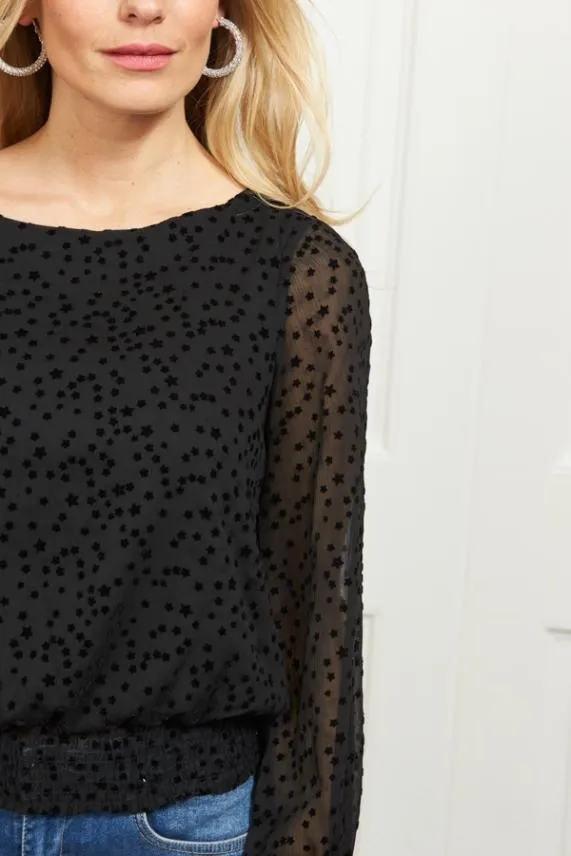Sosandar Black Flock Spot Detail Shirred Waist Mesh Top Black Women Tops