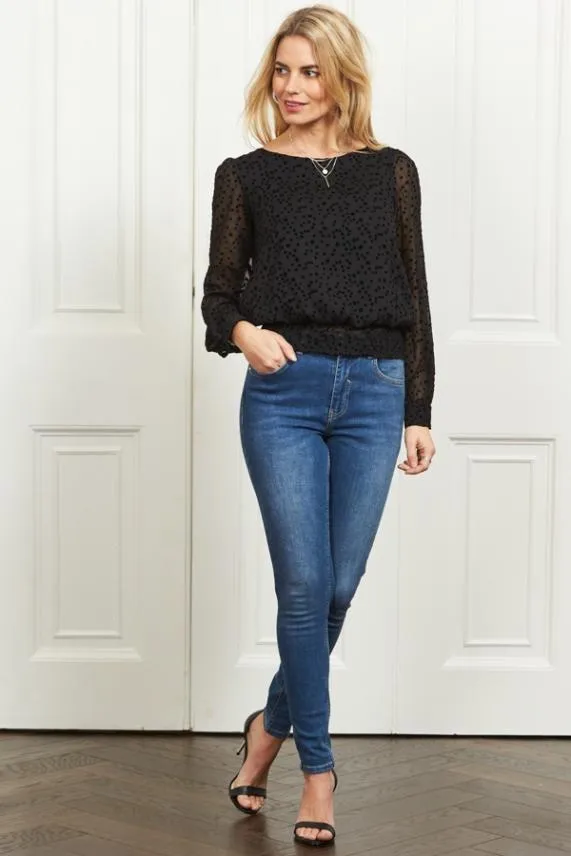 Sosandar Black Flock Spot Detail Shirred Waist Mesh Top Black Women Tops