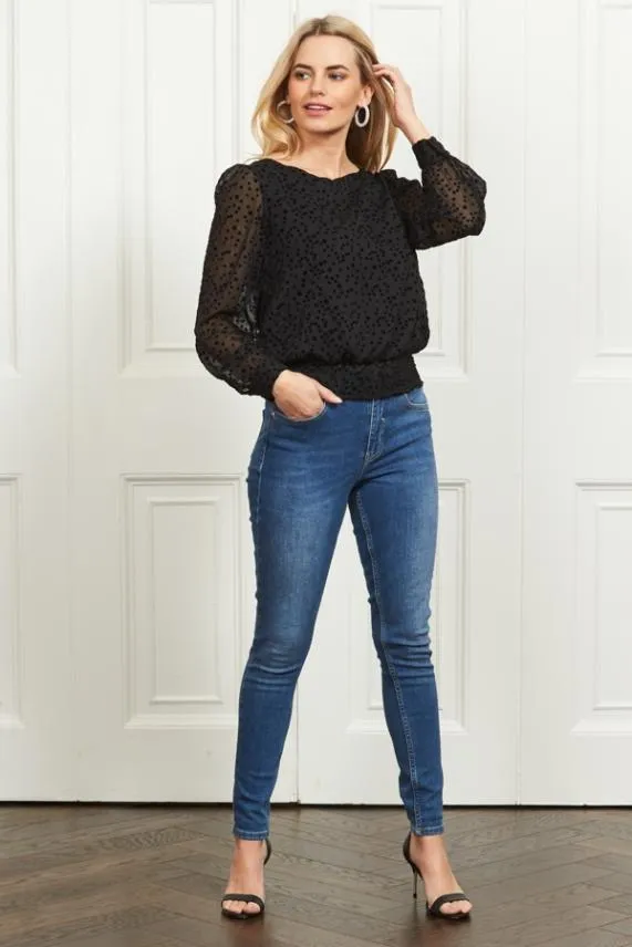 Sosandar Black Flock Spot Detail Shirred Waist Mesh Top Black Women Tops