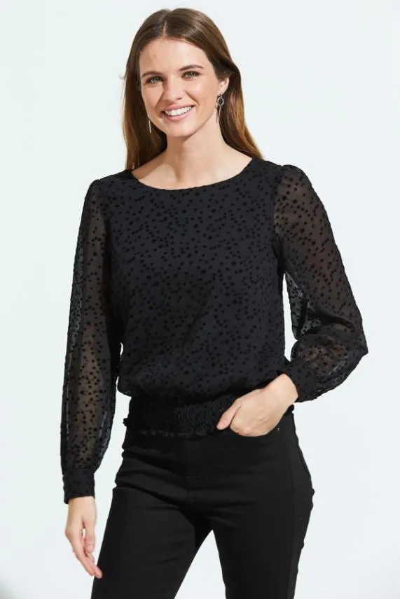 Sosandar Black Flock Spot Detail Shirred Waist Mesh Top Black Women Tops