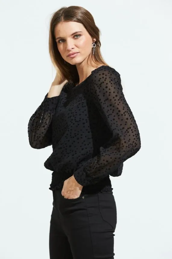 Sosandar Black Flock Spot Detail Shirred Waist Mesh Top Black Women Tops