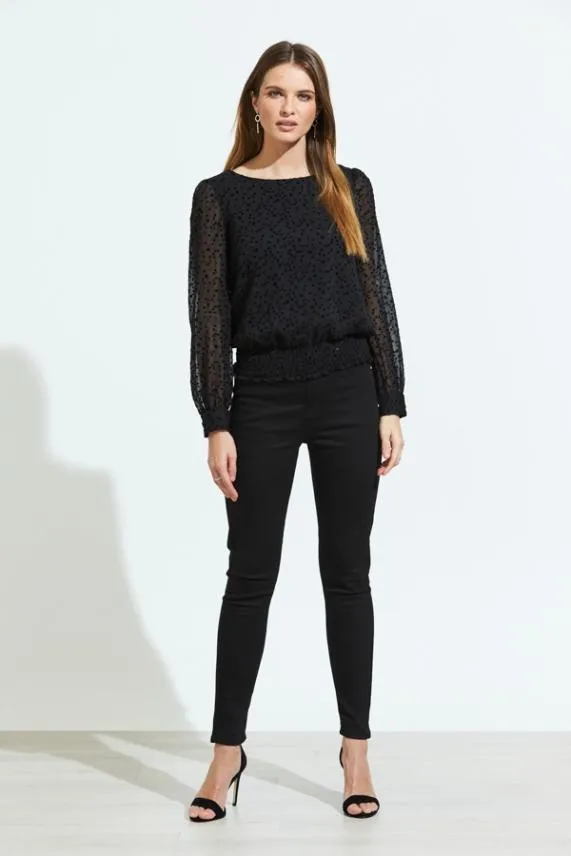 Sosandar Black Flock Spot Detail Shirred Waist Mesh Top Black Women Tops