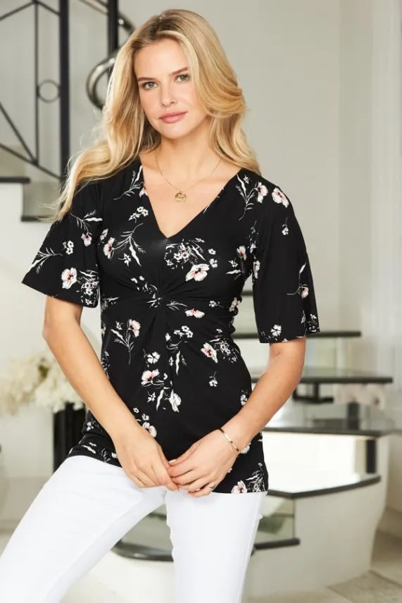 Sosandar Black Floral Print Angel Sleeve Twist Front Top Black Women Tops