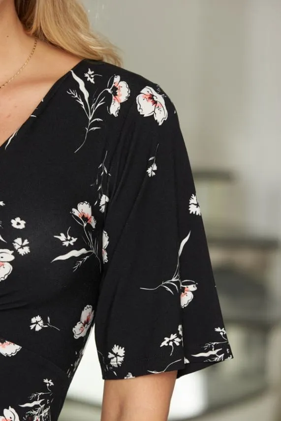 Sosandar Black Floral Print Angel Sleeve Twist Front Top Black Women Tops