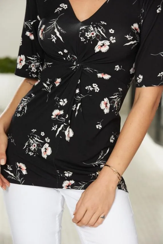 Sosandar Black Floral Print Angel Sleeve Twist Front Top Black Women Tops