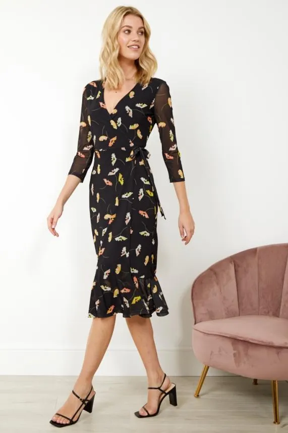 Sosandar Black Floral Print Mesh Wrap Midi Dress Black Women Dresses