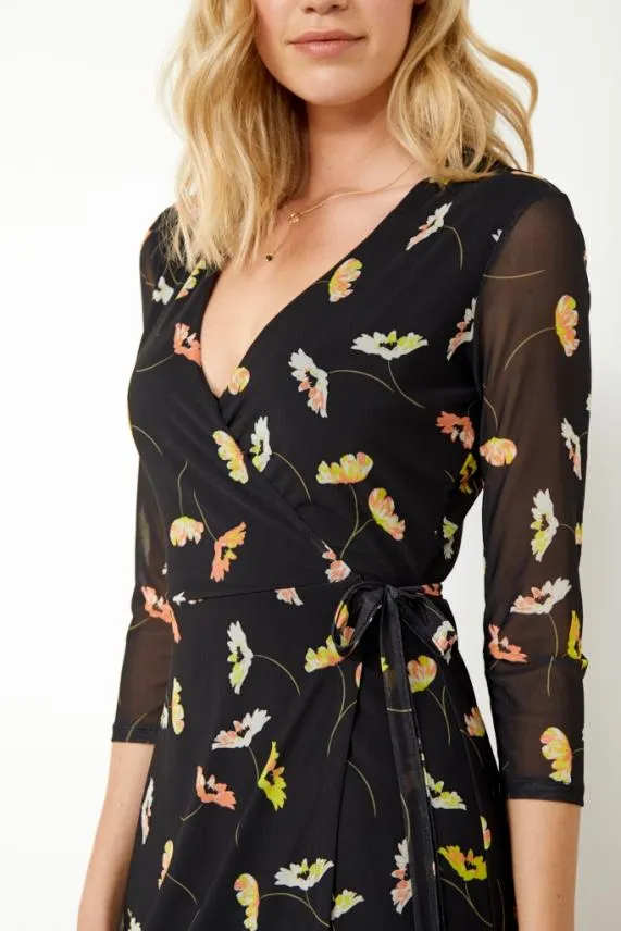 Sosandar Black Floral Print Mesh Wrap Midi Dress Black Women Dresses