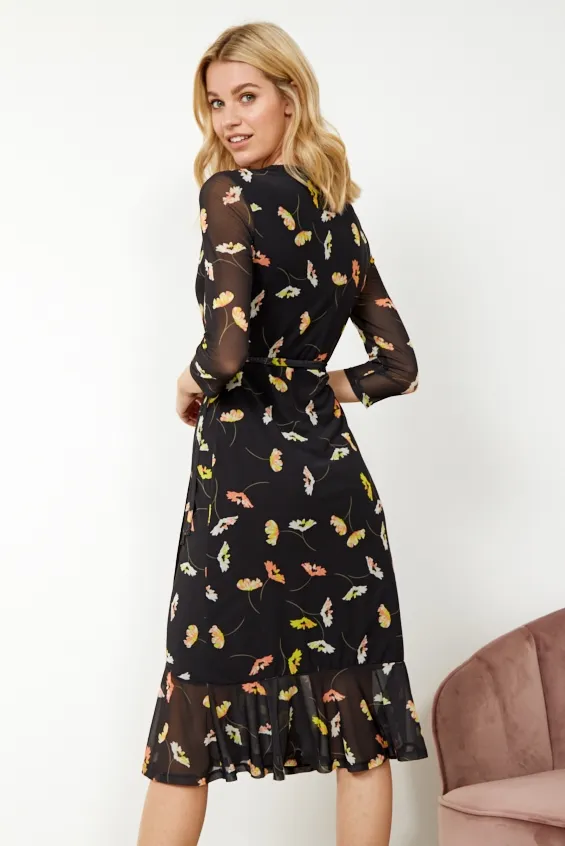 Sosandar Black Floral Print Mesh Wrap Midi Dress Black Women Dresses