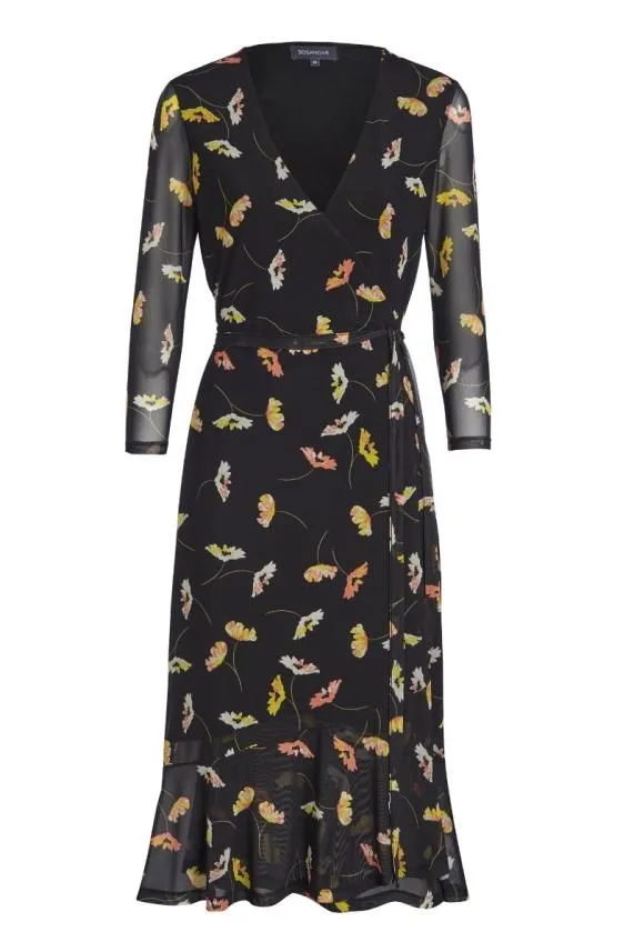 Sosandar Black Floral Print Mesh Wrap Midi Dress Black Women Dresses
