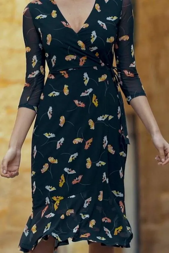 Sosandar Black Floral Print Mesh Wrap Midi Dress Black Women Dresses