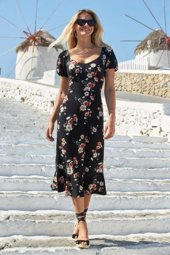 Sosandar Black Floral Print Sweetheart Neckline Midi Dress Black Women Dresses Sosandar Black Floral Print Sweetheart Neckline Midi Dress Black Women Dresses
