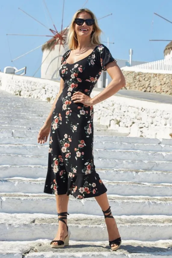 Sosandar Black Floral Print Sweetheart Neckline Midi Dress Black Women Dresses