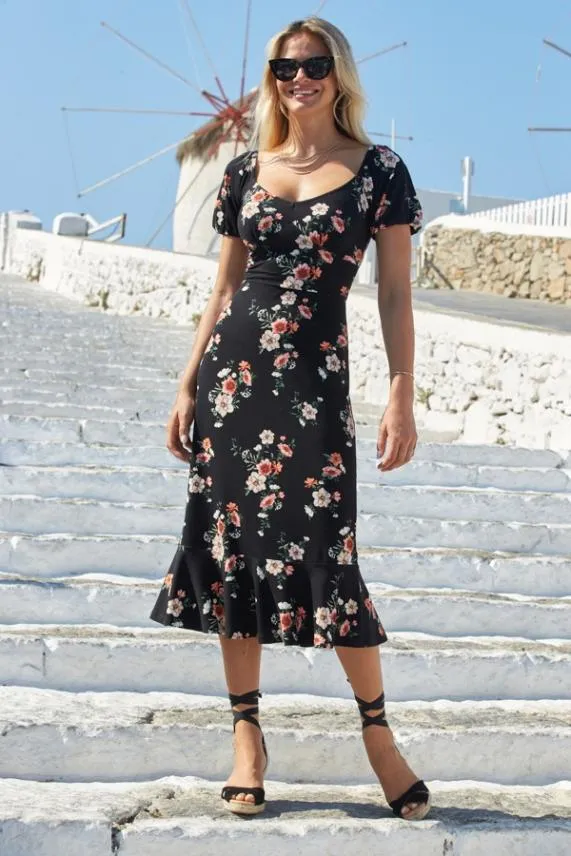 Sosandar Black Floral Print Sweetheart Neckline Midi Dress Black Women Dresses
