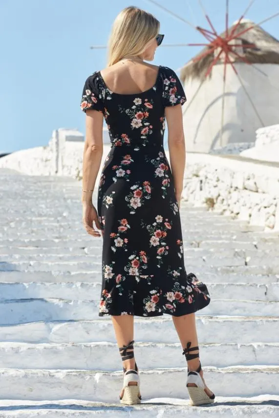 Sosandar Black Floral Print Sweetheart Neckline Midi Dress Black Women Dresses