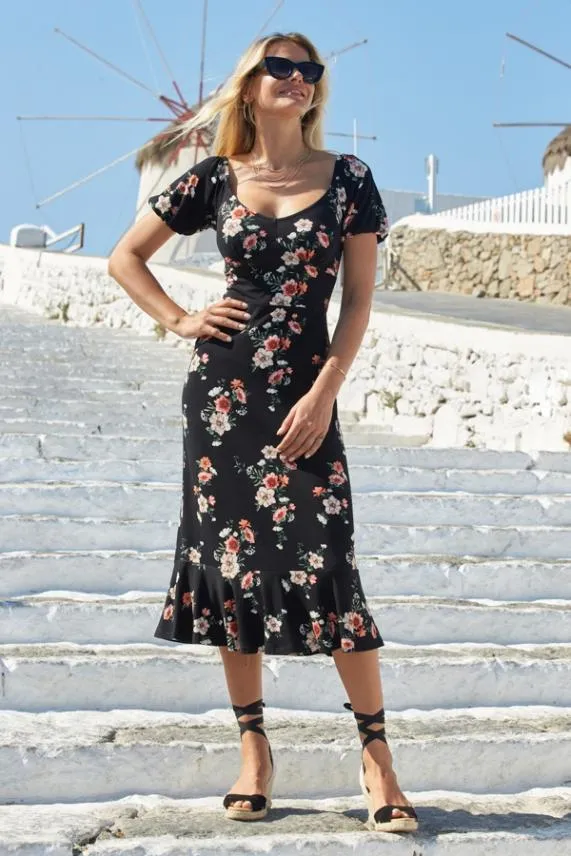 Sosandar Black Floral Print Sweetheart Neckline Midi Dress Black Women Dresses