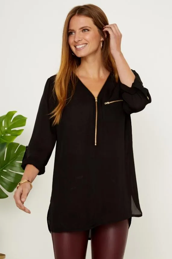 Sosandar Black Gold Zip Detail Longline Tunic Top Black Women Tops