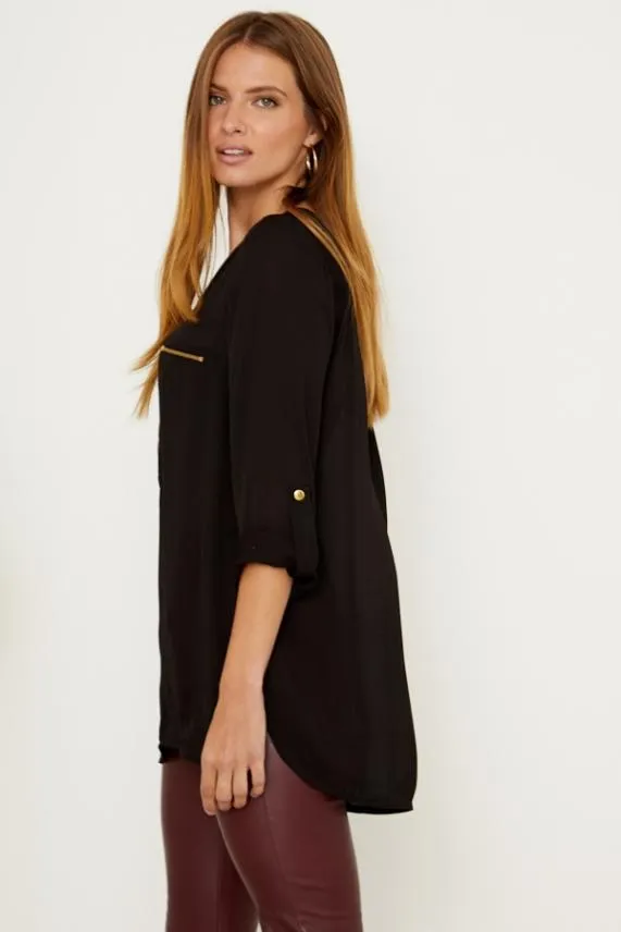 Sosandar Black Gold Zip Detail Longline Tunic Top Black Women Tops