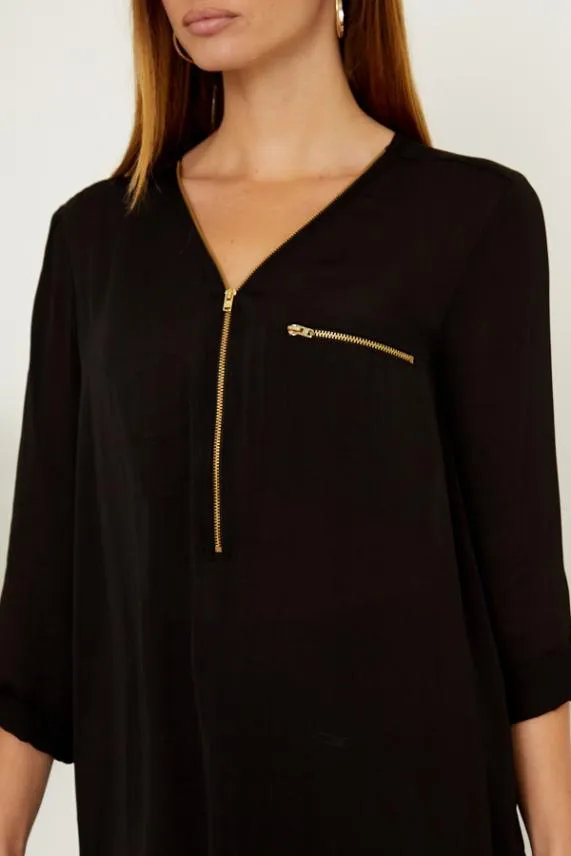 Sosandar Black Gold Zip Detail Longline Tunic Top Black Women Tops