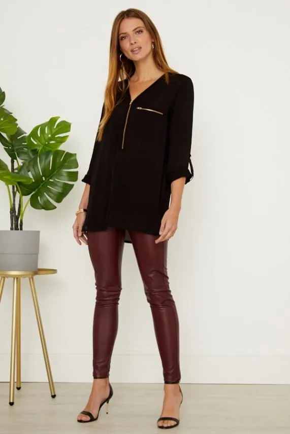 Sosandar Black Gold Zip Detail Longline Tunic Top Black Women Tops